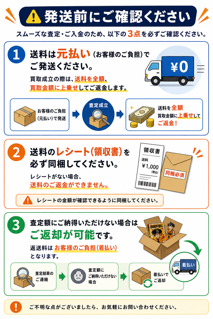 宅配買取の注意事項：送料・レシート同梱・返送について